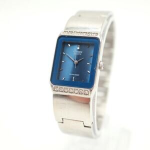 Vintage Citizen Womens Blue 19mm Diamond Tank Watch 5.75" Bracelet w New Battery